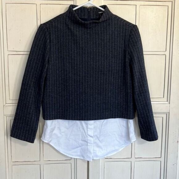 Theory size small navy pin stripe wool blend sweater top blouse - Picture 1 of 4